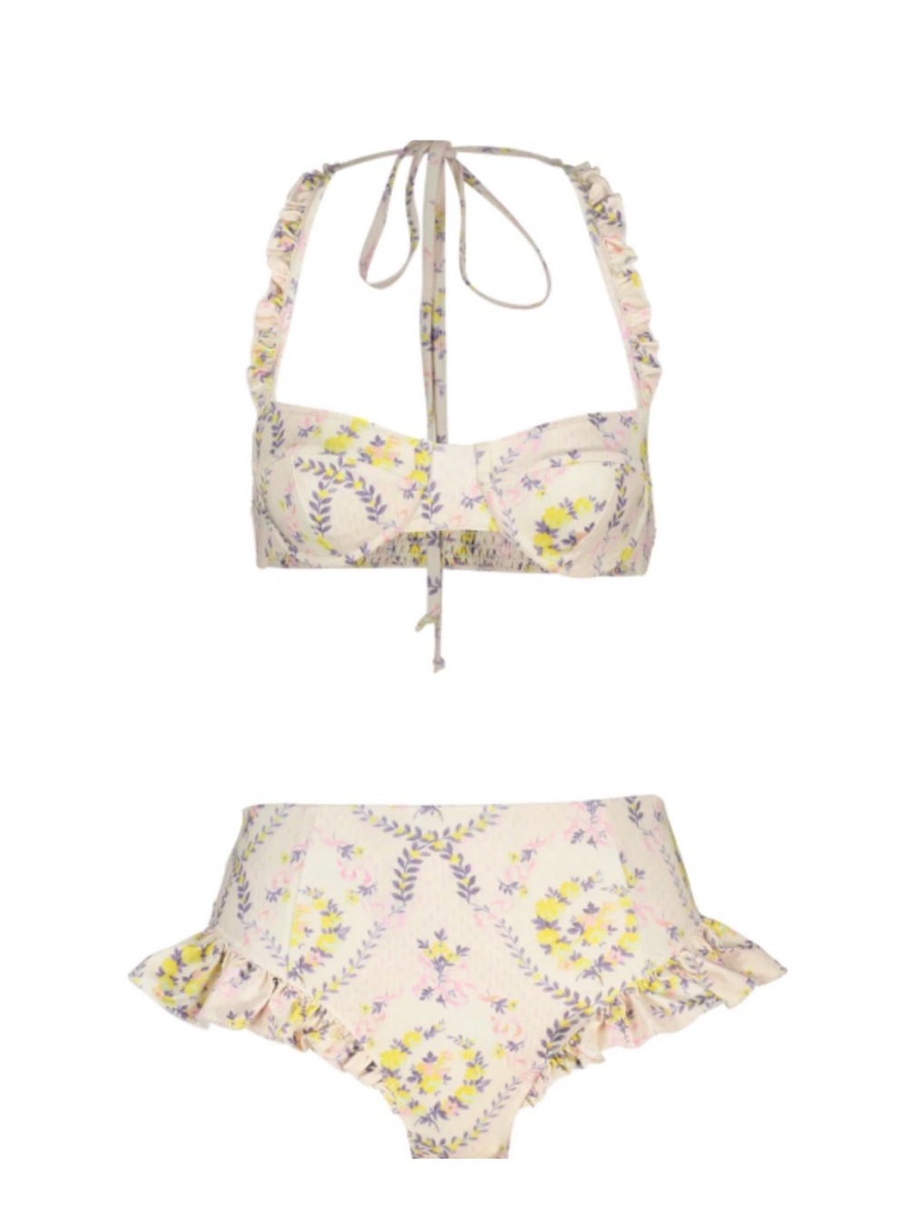 LoveShackFancy Cream Floral Bandeau Bikini Set with Yellow & Lavender Accents